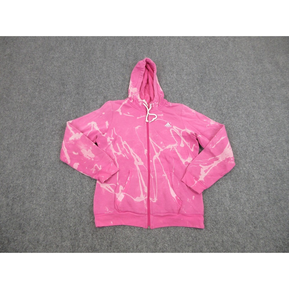 Adidas Hoodie Womens Small Pink Full Zip Fleece Bleach Dye Pockets Logo Raglan